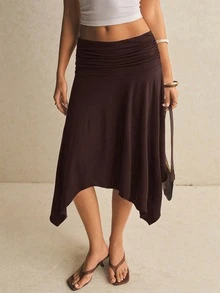 Poéselle Women's Elegant Solid Color Asymmetric Hem Skirt - Coffee Brown - View 7