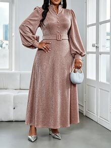 SHEIN Lady 大尺碼女款缺口V領燈籠袖鈕扣設計優雅洋裝 - 棕色 - 查看 3