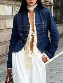 StreetHx Fashion Casual Vintage Street Style Napoleon Button Denim Jacket - Dark Wash - View 2