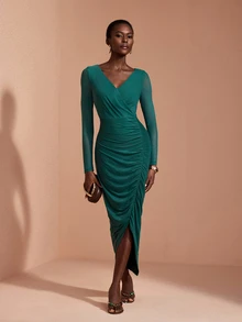 JIAN LASALA Gaun Midi Lengan Panjang Jala dengan Detail Kerut dan Tumpang Tindih, Elegan untuk Liburan dan Pesta - Dark Green - View 6