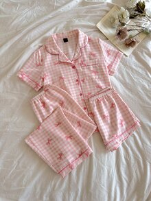 Snug Reverie 女款粉色與白色格紋蝴蝶結印花翻領短袖開襟衫 3 件式睡衣套裝 - 粉色 - 查看 1