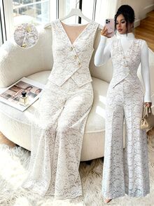 Elenzga Women's Designer Lace Elastic Tie Top And Versatile Lace Long Pants, Daily Commute, Versatile Elegant, Metal Buckle Design Suit Set - Beige - View 7