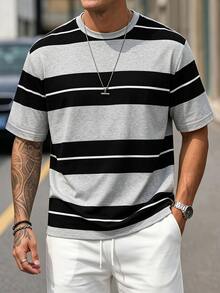 Sorvial Men's Casual Color Block Striped Short Sleeve T-Shirt - Grey - View 1