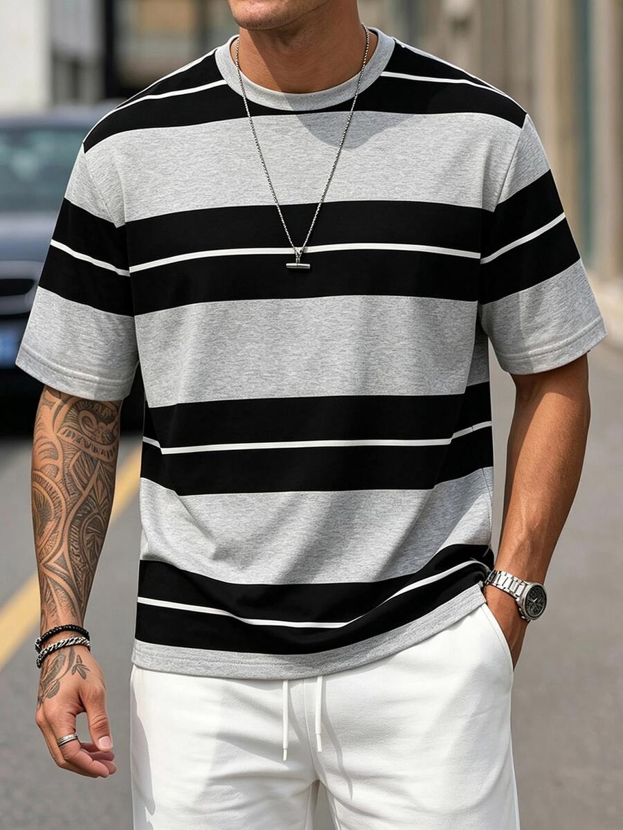 Sorvial Men's Casual Color Block Striped Short Sleeve T-Shirt - Grey - View 1
