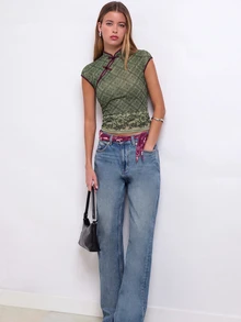 Nöista Top de manga corta, cuello alto estilo chino, con abertura diagonal. - Verde Oliva - Ver 13