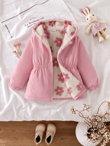 SHEIN 1件女童冬季新款毛絨內裡拉鍊開襟衫，附彈性腰部與連帽，百搭時尚防寒外套，適合戶外與通勤 - 粉色 - 查看 6