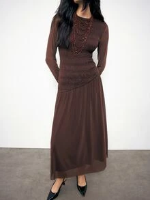 Maija Women's Solid Color Round Neck Contrast Mesh Pleated Elegant Long Dress - Dark Brown - View 2
