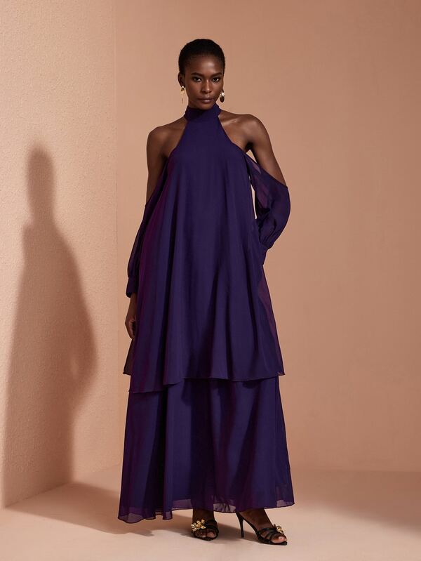 JIAN LASALA Abito in chiffon con spalle scoperte, scollo halter, maniche lunghe, doppio strato, elegante per vacanze