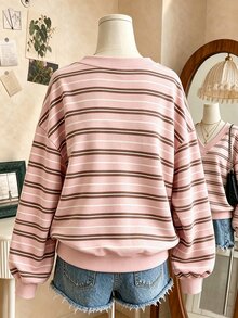 Lalippa Plus Size Women V-Neck Striped Colorblock Casual Everyday Sweatshirt - Multicolor - View 2