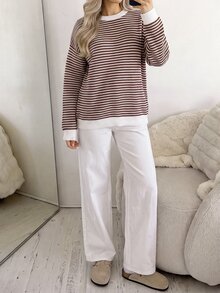 Easowa 女款圓領後領蝴蝶結對比飾邊套頭運動衫，條紋紋理布料，休閒寬鬆優雅通勤老錢風，秋冬款 - 彩色 - 查看 5