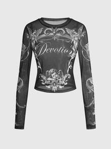 ROMWE Grunge Punk Atasan Lengan Panjang Jala Transparan dengan Motif Malaikat Plaster Abad Pertengahan dan Slogan - Hitam - View 1