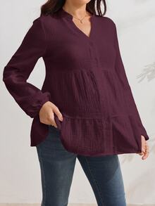 SHEIN Stand Collar V-Neck Maternity Blouse, 100 Cotton, Button-Front Ruffle Hem, Loose Lantern Sleeve, Baby Shower Burgundy Autumn Casual Elegant Fall - Burgundy - View 4