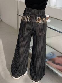 Dazy Kids Young Girl Loose Striped Letter Pattern Casual Washed Distressed Loose Fit Denim Jeans Fall - Dark Wash - View 1