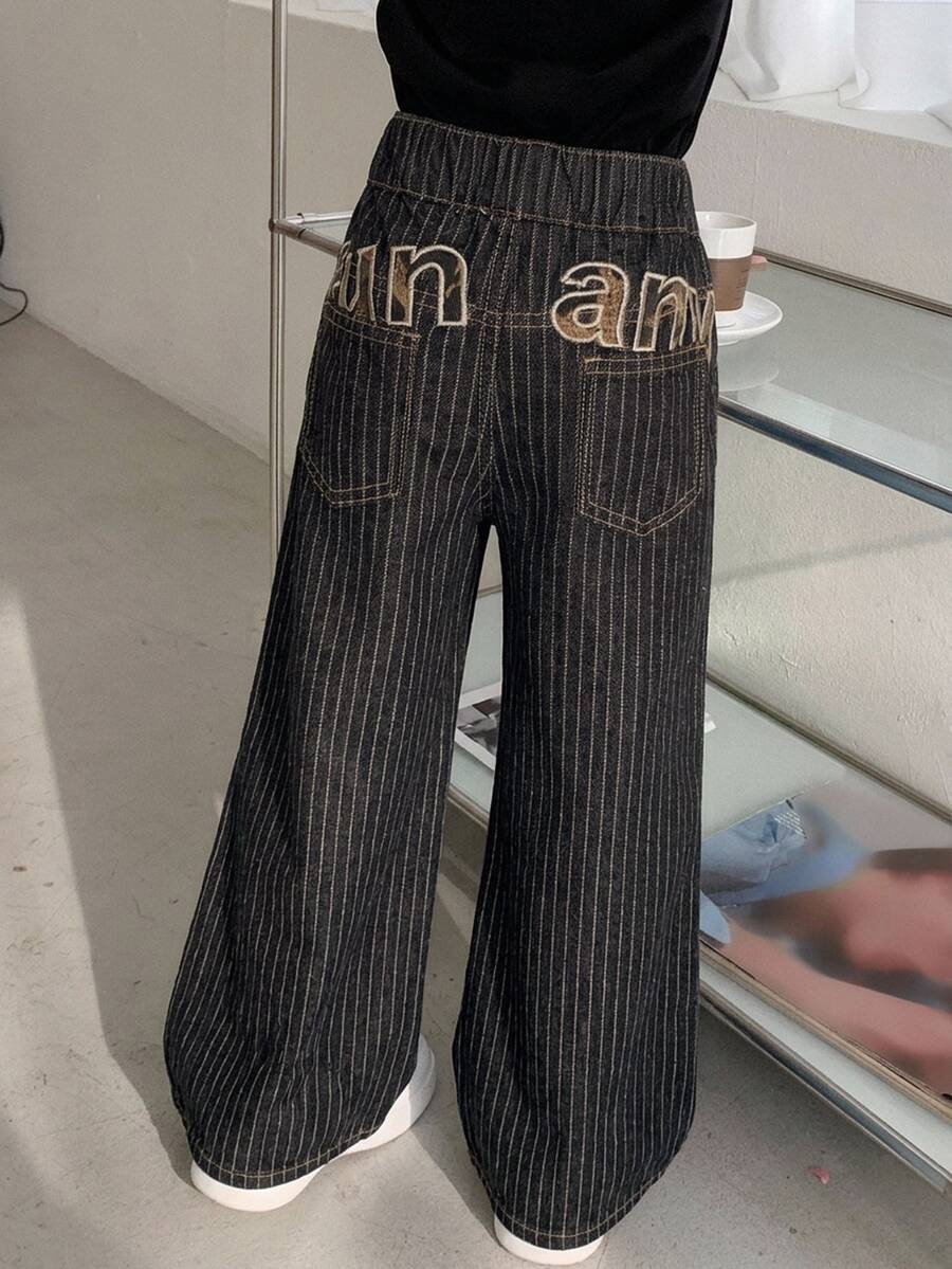 Dazy Kids Young Girl Loose Striped Letter Pattern Casual Washed Distressed Loose Fit Denim Jeans Fall - Dark Wash - View 1