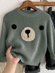 SHEIN LMoss Kids 兒童小男孩厚款可愛熊圓領套頭針織衫，秋季開學季冬季服飾，舒適休閒復古校園穿搭 - 薄荷綠 - 查看 3