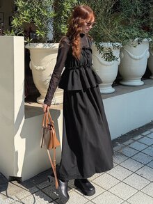 FRIFUL Women's Mesh Patchwork Pleated Casual Party Long Dress Vacation - Black - View 6