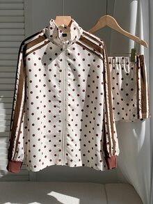 Comfortcana Women's Polka Dot Print Zipper Front Jacket And Shorts Casual 2 Pieces Set - Apricot - View 3