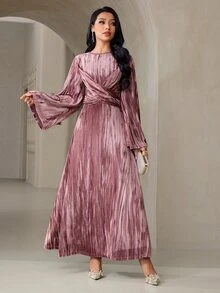 Veilorie فستان نسائي أنيق بتصميم عربي بياقة دائرية وأكمام واسعة وتصميم متقاطع عند الخصر - وردي - مشاهدة 6