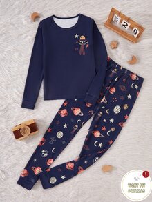 Tween Boys' Blue Base Minimalist Fashion Cartoon Pattern Print Long Sleeve Long Pants Snug Fit Loungewear - Navy Blue - View 3