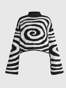 ROMWE Goth Women's Casual Circle Collar Cropped Sweater, Autumn/Winter - Black and White - View 1