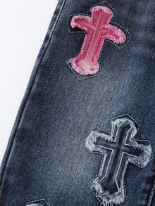 SHEIN 女嬰幼女小女孩 2025 秋冬新款寬腿牛仔褲，可愛愛心刺繡直筒牛仔褲，復古做舊黑色，刺繡愛心圖案，鬆緊腰設計，舒適純棉，適合上學/通勤 - 中等水洗藍 - 查看 4