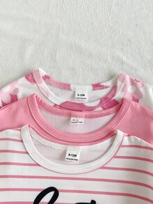 SHEIN 女嬰可愛粉色條紋花卉兔子印花長袖圓領休閒套裝，上衣+長褲連身褲，秋季家庭親子套裝 - 彩色 - 查看 5