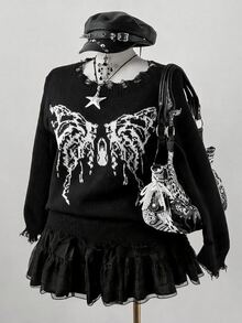 GlowEve CURVE Plus Size Autumn/Winter Fashion Butterfly Pattern Sweater Halloween Going Out Concert Black Goth 90s - Black and White - View 6