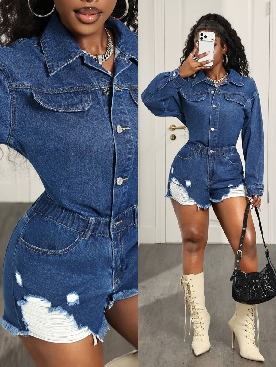 BamGleam Women's Long Sleeve Single-Breasted Casual Distressed Denim Romper