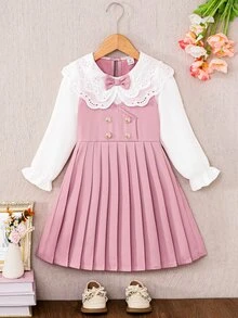 SHEIN Elladie kids 少女蕾絲刺繡百褶洋裝，大領設計百褶下擺連身裙，適合日常通勤休閒返校季穿著 - 粉色 - 查看 4