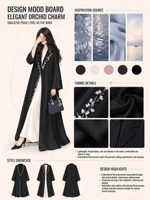 Al Najma Plus Size Women's Floral Embroidered Trim Lapel Neck Long Sleeve Abaya - Black - View 8