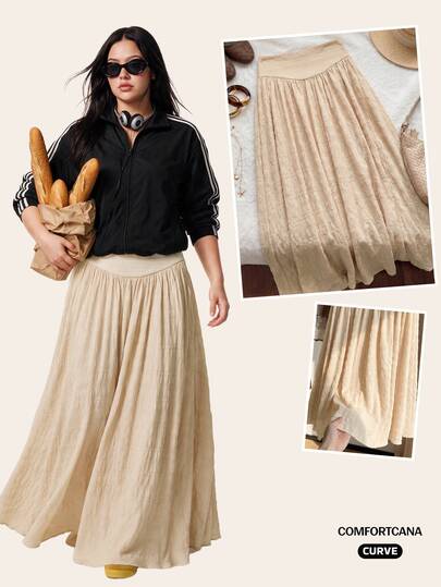 CovetEZ Plus Size Autumn Minimalist Vintage Long Beige Jacquard Textured A-Line Skirt