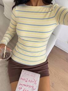 SHEIN EZwear 休閒極簡風黃色不對稱條紋 95%棉 全身印花 女款圓領長袖T恤，適合秋冬，百搭層次穿搭 - 彩色 - 查看 3
