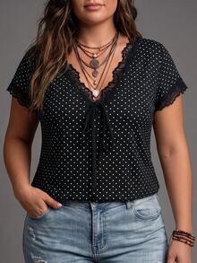 SHEIN Plus Size Women's Lace Patchwork Polka Dot Casual Daily T-Shirt - Multicolor - View 1