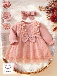 SHEIN 2件組新生女嬰公主風甜美粉色3D花朵蝴蝶結蕾絲網紗長袖派對禮服，秋冬生日洗禮棉質蓬蓬裙洋裝 - 藕粉色 - 查看 2