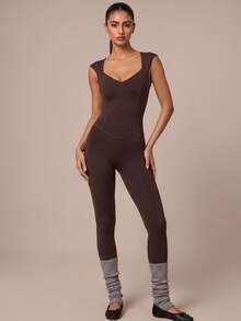 SHEIN BAE Women's Solid Color Backless Tie Design Sleeveless Sports Jumpsuit - Coffee Brown - View 7