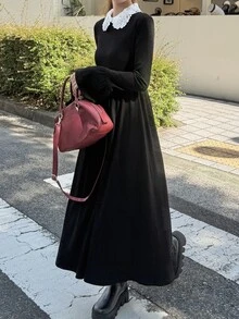 FRIFUL 女款秋季蕾絲對比領收腰羅紋長洋裝 - 黑色 - 查看 3