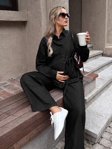 SHEIN 孕婦上衣與牛仔褲2件套秋季女裝 秋冬 正式商務 時尚基本款 哥德風 萬聖節聖誕節節慶 - 黑色 - 查看 6