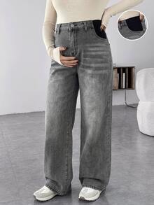 SHEIN 孕婦休閒寬鬆寬腿牛仔褲 灰色 - 淺灰色 - 查看 1