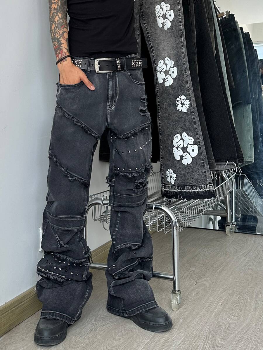 STEELVANCE Men's Streetwear Vintage Fashion Distressed Ripped Raw Hem Beaded Decor Slim Fit Stretch Micro Flare Denim Jeans - Black - View 1