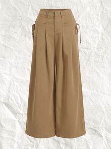 SHEIN EZwear Plus Size Women Solid Color Pleated Side Tie Wide Leg Suit Pants - Khaki - View 1