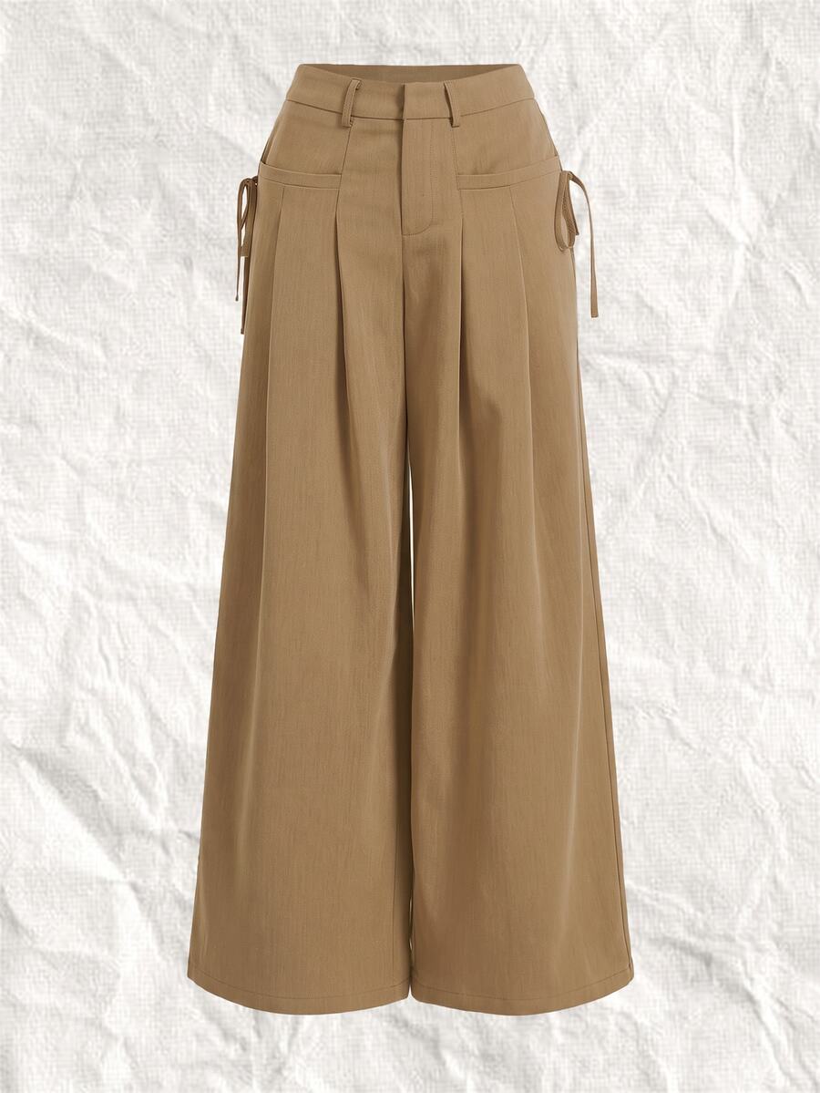 SHEIN EZwear Plus Size Women Solid Color Pleated Side Tie Wide Leg Suit Pants - Khaki - View 1