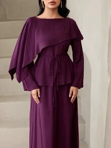 Veilorie Women's Solid Color Asymmetric Design Long Sleeve Top And Skirt Elegant Arabic Outfit Set - Purple - View 3