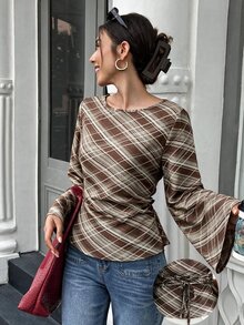 Selianne Vintage Brown Plaid Textured Long Sleeve Cinched Waist Ruffle Hem Slimming Flare Sleeve Commuter Casual Blouse - Multicolor - View 1