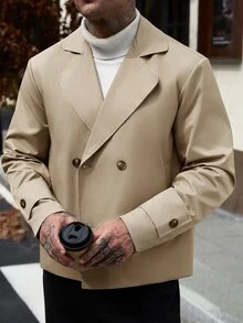 Manfinity CasualCool Men's Casual Solid Color Double-Breasted Trench Coat Jacket - Khaki - View 5