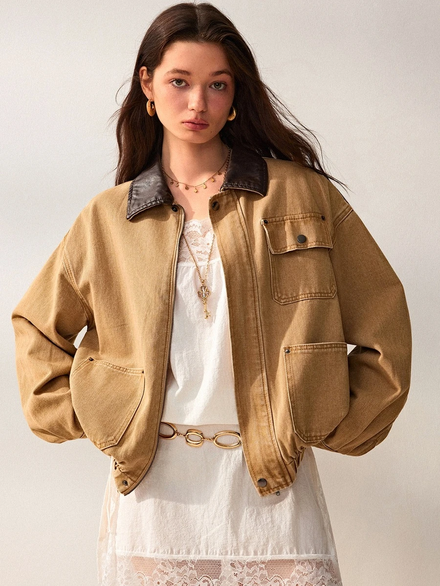 Willow Rêve Women's Khaki Loose Jacket, Washed Process With Workwear Stitching, Contrast Faux Leather Collar, Zipper And Patch Pocket Design, Solid Color Autumn Casual Style, Suitable For Travel And Commute - Yellow - View 1