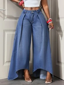 SHEIN PETITE Women's Pleated Design Wide Leg Loose Casual Denim Jeans - Blue - View 3
