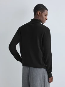 Merionis Men's Solid Color High Neck Long Sleeve Casual Versatile Sweater - Black - View 2