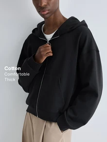 Merionis Men's Solid Color Drop Shoulder Long Sleeve Zip-Up Casual Hoodie - Black - View 1