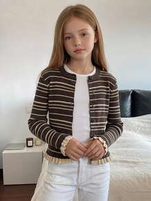 DAZY Tween Girls Striped Colorblock Frill Trim Basic Short Cardigan Sweater, Autumn/Winter - Brown - View 3