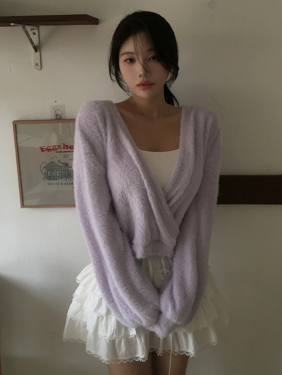 DAZY Solid Color Brushed Loose Fit Cropped Asymmetric V-Neck Long Sleeve Elegant Vacation Girl Korean Style Spring Autumn Knit Sweater For Women - Mauve Purple - View 1